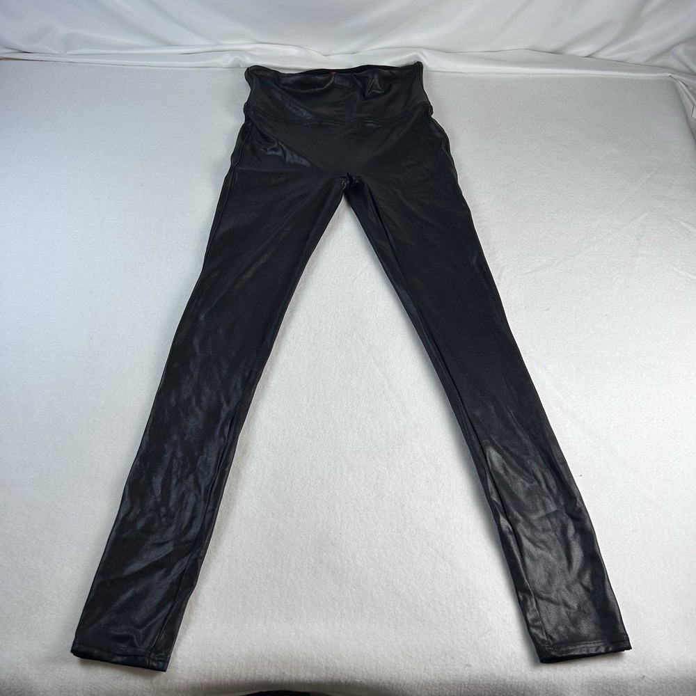 Women's Spanx Faux Leather Black Shiny Pull On Yoga Pants Leggings Size S